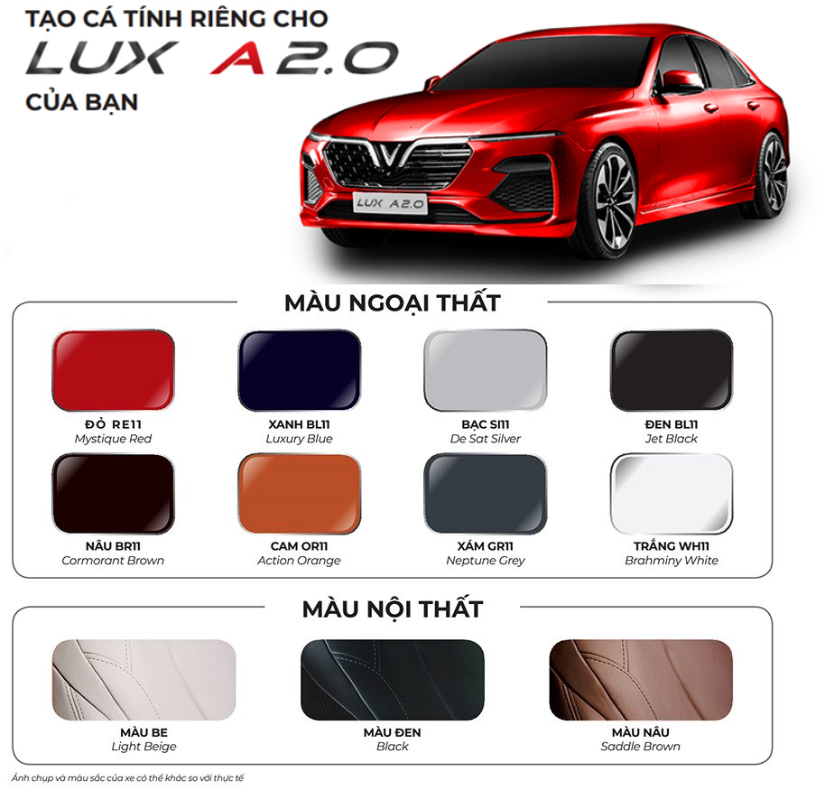 Màu sắc ngoại thất và nội thất xe VinFast Lux A2.0